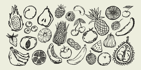 Doodle Elements of Vegetables and Fruits - Hand-Drawn Illustration