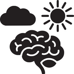 Iconic representation of a brain with a cloud and sun on a white background
