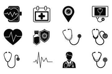 Healthcare and Medical Icons, Stethoscope, heart rate, vaccine, telemedicine, Outline 