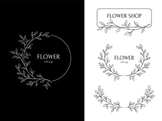 Collection of floral frames with silhouettes of branches, leaves and flowers. Hand drawn elegant delicate botanical borders and wreaths. Vector isolated elements for wedding invitation, card, logo