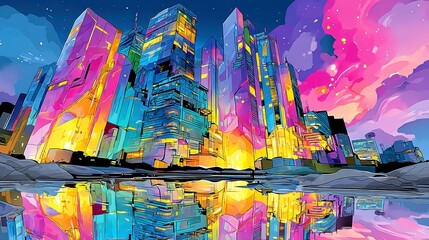 Naklejka premium Retro Anime City Pop, Chibi Character stands in a vibrant neon pixel city, soft pastels glow as reflections dance on calm waters at dusk, creating a captivating urban scene.