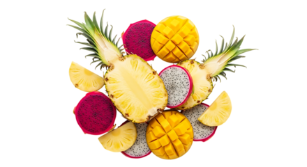 Tropical fruits composition with leaves, isolated on transparent background