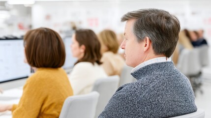 Fototapeta premium A focused group of professionals engaged in a training session, seated at modern desks, highlighting collaboration and learning in a corporate environment.