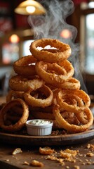 Vertical banner for social media of mouthwatering pile of golden, crispy onion rings stacked high on a rustic wooden plate, steam gently rising from the freshly fried rings, crumbs scattered