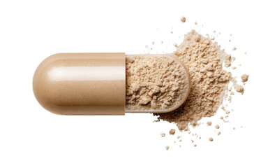 A beige supplement capsule is shown split open, revealing fine powdered contents. The capsule sits against a clear background, emphasizing its color and texture