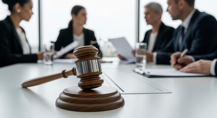 Wooden Gavel on Table with Blurred Business Professionals in Legal Meeting Background
