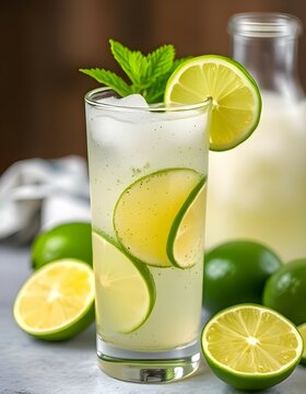 Chia seed coconut lime refresher with lime wedges, chilled in a see-through tall glass