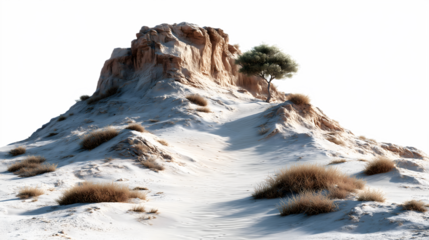 Desert landscape with white sand dunes rocky hills and a lone tree set against a vivid blue sky isolated on white transparent background PNG cutout