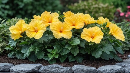 yellow hibiscus rosa on street flower bed sunny day