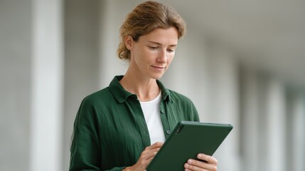 Fototapeta premium A focused woman using a digital tablet, dressed in casual attire, exploring modern technology in a contemporary setting. The image captures productivity and engagement.