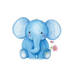 blue elephant holding a flower, in blue colors - vector watercolor illustrations for Babyshower for boy, for birthday	
