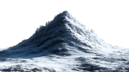 Detailed snowcapped mountain peak against a black background illustrating a winter landscape isolated on white transparent background PNG cutout