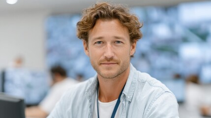 A focused young professional with curly hair, sitting in a modern office environment. He exudes confidence and is ready to take on the challenges of the day.