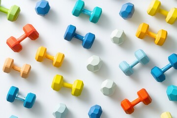 Colorful assortment of dumbbells arranged on a white surface, ideal for fitness and health themes