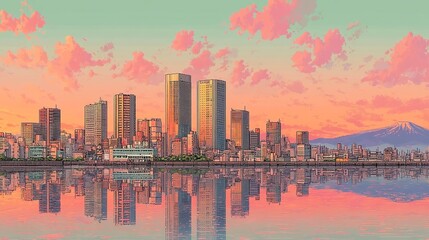 Fototapeta premium Retro Anime Cityscape, vibrant chibi character in minimalist pixel art, glowing neon skyline, bright building windows, gentle ripple reflections in water below