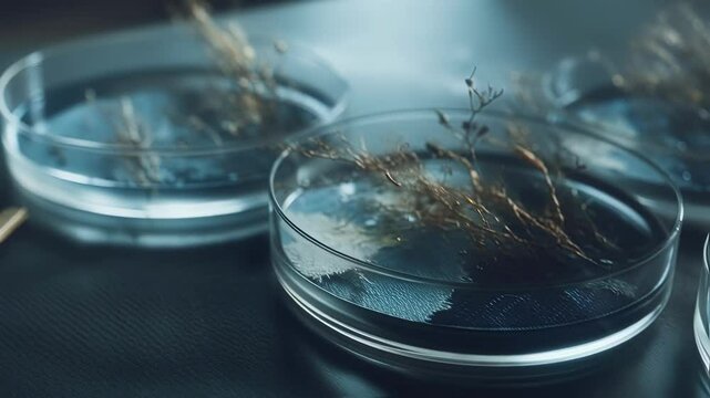 Close up view of mycelium culture expanding and interacting with shredded denim inside petri dishes, demonstrating a sustainable approach to textile recycling