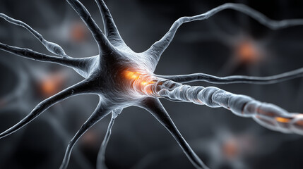 Close-up illustration of a neuron with synapse activity in dark space  