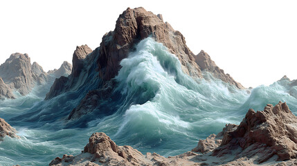 Dramatic ocean waves crashing against rocky mountains against a black background creating a stunning coastal scene isolated on white transparent background PNG cutout