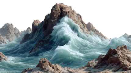 Dramatic ocean waves crashing against rocky mountains against a black background creating a stunning coastal scene isolated on white transparent background PNG cutout