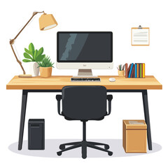 Modern office workspace with desktop computer on desk vector illustration isolate