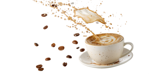 Coffee artistry creates a joyful moment with swirling patterns and airborne droplets captured in fresh morning light Generative AI