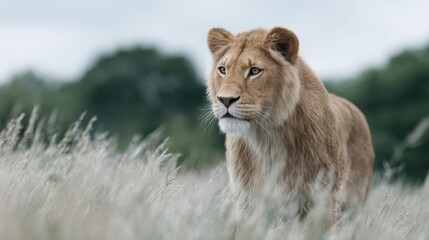Obraz premium A majestic lioness strolls through tall grass, embodying the grace and power of wildlife. The soft focus background highlights her vibrant eyes and strong presence in the savanna.