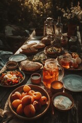 Table spread with seasonal fruits. Rustic breakfast setup with fresh fruits, bread, tea, and vegetables on a wooden table outdoors in warm sunlight, evoking a cozy summer vibe.