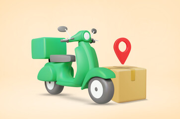 3D illustration vector render of delivery scooter parked next to a parcel box with a location pin on top of the box. Concept of delivery destination, parcel tracking, delivery location identification.