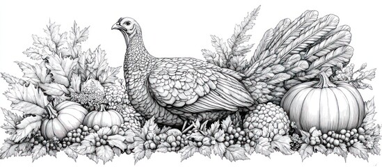 Naklejka premium Thanksgiving Hen Illustration: A Detailed Pen & Ink Drawing of a Turkey Surrounded by Autumn Harvest