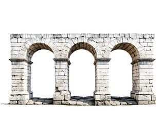 Three weathered stone arches forming part of an ancient aqueduct or architectural ruin, showing texture and historical construction, isolated on transparent background