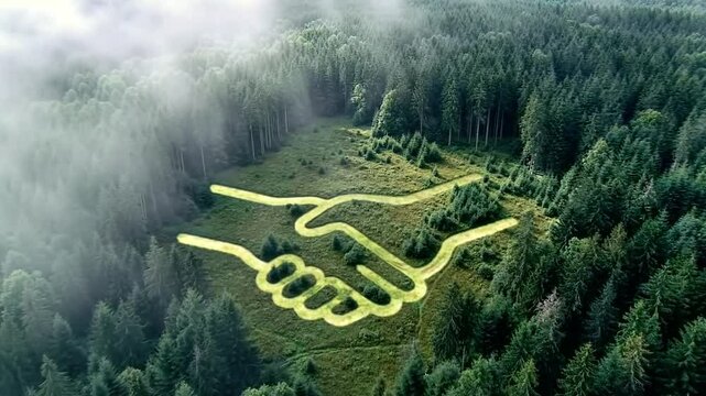 Aerial drone view of handshake symbol outlined in a forest clearing representing environmental agreement and partnership