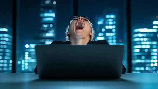 Exhausted Businesswoman Yawning at Night