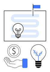 Lightbulbs with a winding path and flag symbolizing innovation and goals, hand holding coin for financial backing. Ideal for creativity, sustainability, planning, funding, ideas, growth, simple