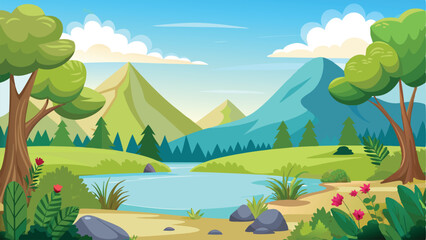 Obraz premium Cartoon Landscape with Mountains, River, Trees, Flowers, and Blue Sky Illustration