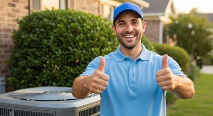 Smiling male HVAC technician in blue uniform gives thumbs up next to outdoor air conditioner unit.