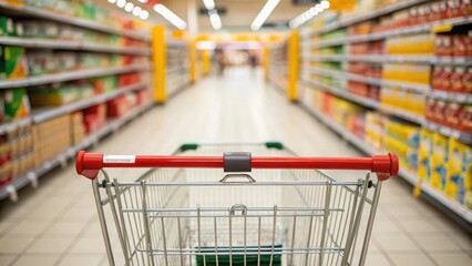 Shopping cart perspective in supermarket aisle with blurred background of shelves and customers, representing retail consumer experience and grocery shopping journey