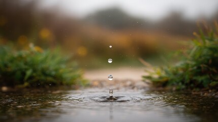 Fototapeta premium A serene close-up of raindrops falling into a puddle, surrounded by lush greenery. The calmness of nature enhances the tranquil atmosphere, capturing the beauty of the environment.