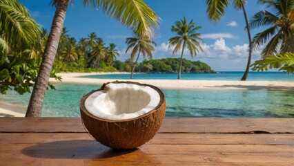 beach scene open coconut on wooden table