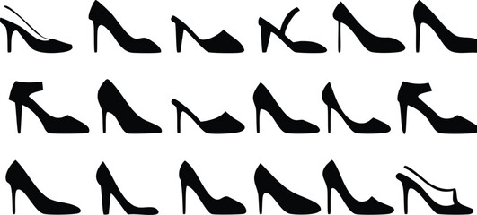 Vector Artwork of High Heel Shoe Silhouettes in Grid Arrangement, Fashion Design Elements Focused on Form, Symmetry, and Clean Graphic Lines

