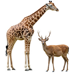 Naklejka premium A deer and a giraffe set against a white background