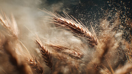 Golden Grain Whispers: A close-up view of golden wheat ears amid a cloud of flour creates a visual symphony of nature's bounty, evoking the essence of harvest and the beauty of agricultural abundance.