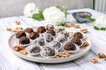 Assorted raw vegan balls Truffles with Walnuts