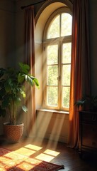 Sunlight streams through a large window, illuminating dust motes dancing in the bright rays The scene is peaceful and serene, perfect for a calming atmosphere , cozy, airy