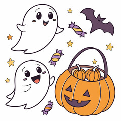Vector art cute halloween illustration with ghosts bat candy stars and a pumpkin basket full of pumpkins