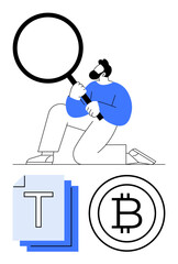 Person kneeling and holding magnifying glass, analyzing digital currency Bitcoin icon and document stack. Ideal for research, cryptocurrency, investment, analysis, blockchain, fintech, finance