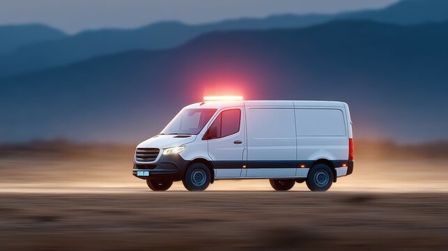 A white emergency van with flashing lights drives swiftly across a desert landscape during twilight, highlighting the urgency and responsiveness of medical services.