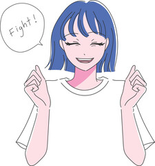 ガッツポーズで笑顔で応援する女の子のバストアップの手描きイラスト