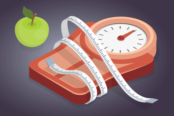 Weight loss icon, measuring tape and apple. Slimming, fitness, diet, healthy lifestyle. 3d flat isometric vector illustration for sport wellness app, weight control application.