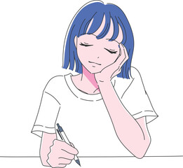 勉強や日記を書いているバストアップの女性の手描きイラスト