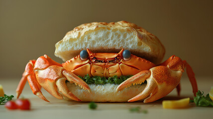 Elegant high-resolution photo of a sandwich creatively designed like a crab with minimalist style